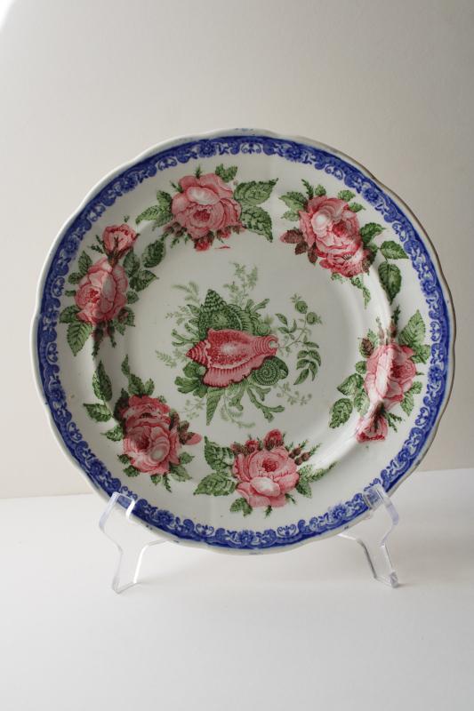 photo of antique 1830s English transferware china plate, moss rose & seashell pattern blue pink green #1