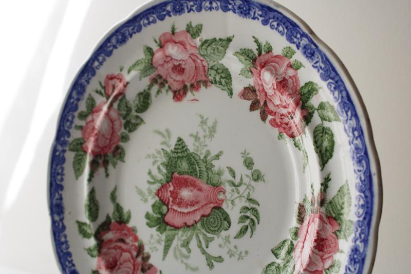 photo of antique 1830s English transferware china plate, moss rose & seashell pattern blue pink green #3