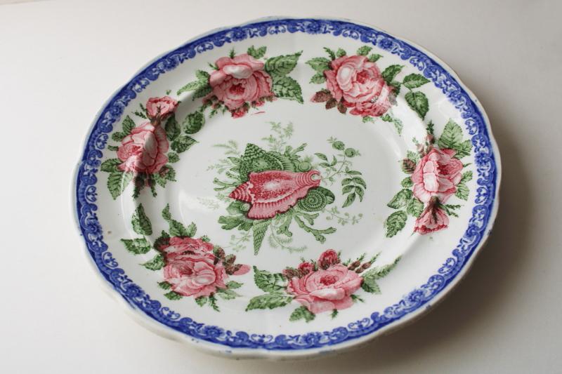 photo of antique 1830s English transferware china plate, moss rose & seashell pattern blue pink green #4