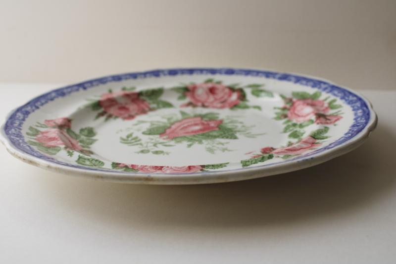 photo of antique 1830s English transferware china plate, moss rose & seashell pattern blue pink green #6