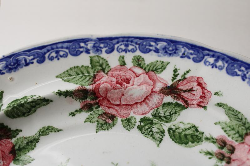 photo of antique 1830s English transferware china plate, moss rose & seashell pattern blue pink green #10