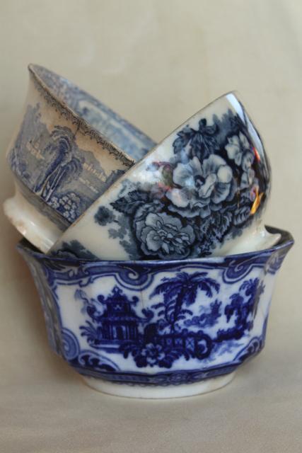 photo of antique 1840s 1850s blue & white china bowls, footed bowl cafe au lait shape #9