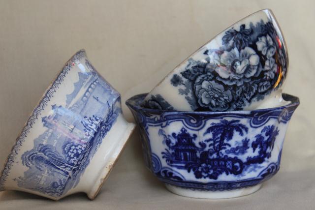 photo of antique 1840s 1850s blue & white china bowls, footed bowl cafe au lait shape #10