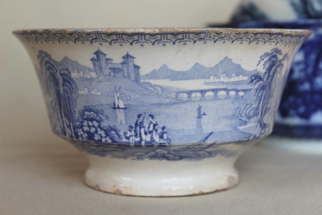 photo of antique 1840s 1850s blue & white china bowls, footed bowl cafe au lait shape #11