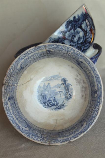 photo of antique 1840s 1850s blue & white china bowls, footed bowl cafe au lait shape #13