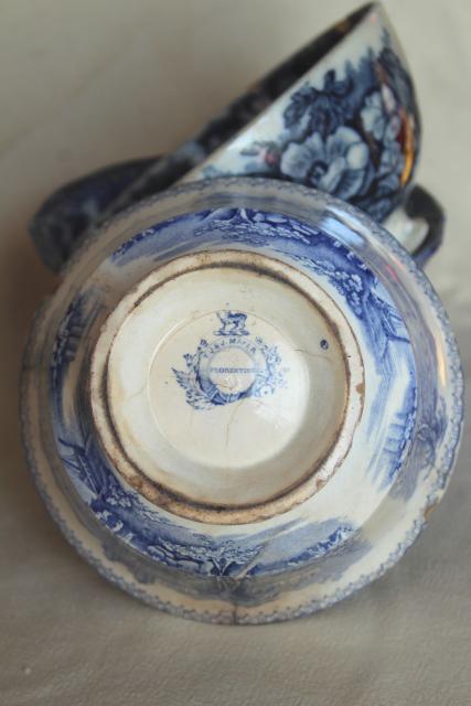 photo of antique 1840s 1850s blue & white china bowls, footed bowl cafe au lait shape #14