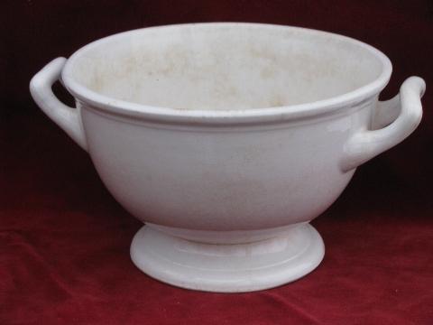 photo of antique 1850s white ironstone dish w/ handles, old Wedgwood garter mark #1