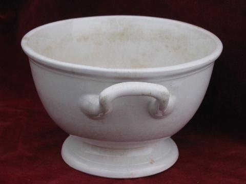 photo of antique 1850s white ironstone dish w/ handles, old Wedgwood garter mark #3