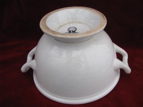 photo of antique 1850s white ironstone dish w/ handles, old Wedgwood garter mark #4