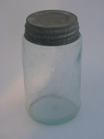 photo of antique 1858 patent vintage blue green glass fruit jar w/zinc lid #1