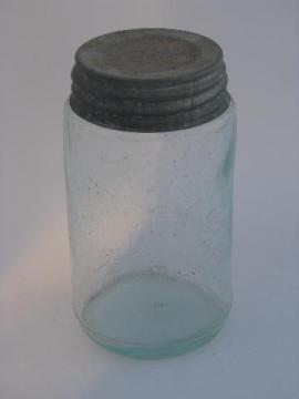 catalog photo of antique 1858 patent vintage blue green glass fruit jar w/zinc lid