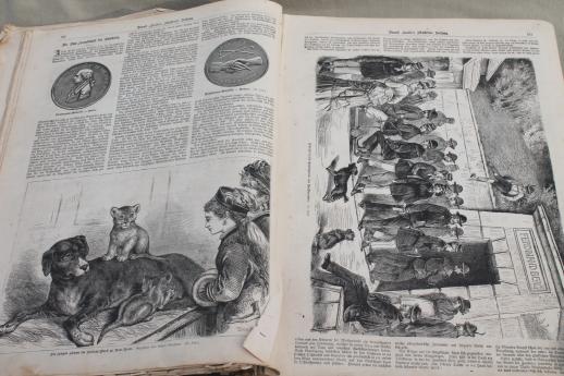 photo of antique 1870s bound magazine folio size engravings, Leslie's Illustrated German gothic font #8