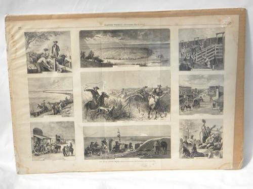 photo of antique 1870s engravings of Texas cattle drive, westerns cowboys etc #1