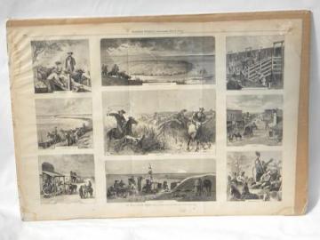 catalog photo of antique 1870s engravings of Texas cattle drive, westerns cowboys etc