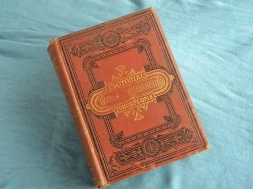 photo of antique 1870s illustrated Bible and Commentator Victorian art binding #1