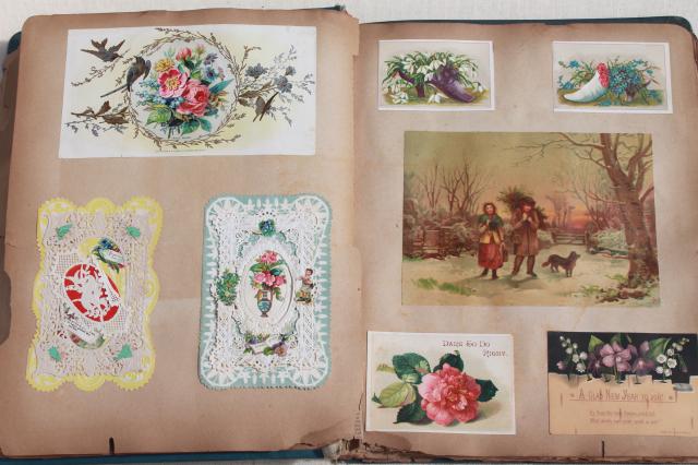 photo of antique 1880s - 1930s scrapbook albums, one lady's collections of snips, cards, keepsakes #8