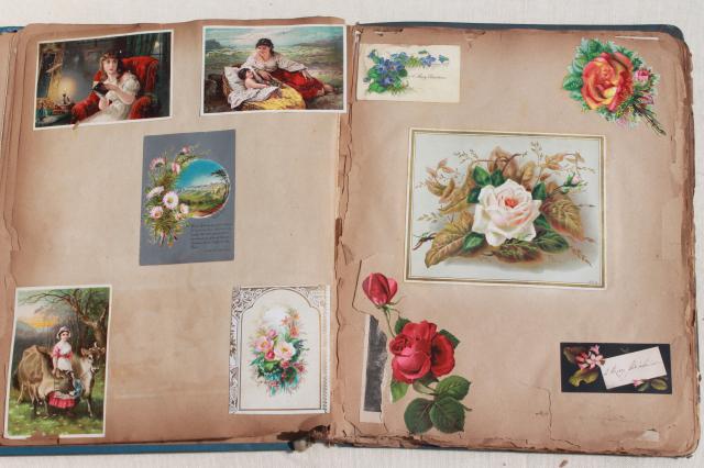 photo of antique 1880s - 1930s scrapbook albums, one lady's collections of snips, cards, keepsakes #10