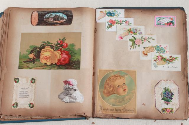 photo of antique 1880s - 1930s scrapbook albums, one lady's collections of snips, cards, keepsakes #15