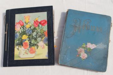 catalog photo of antique 1880s - 1930s scrapbook albums, one lady's collections of snips, cards, keepsakes