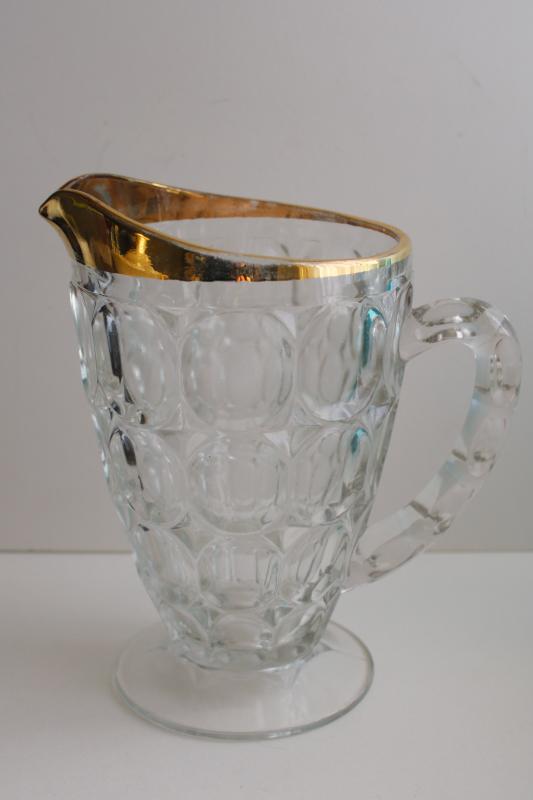 photo of antique 1880s EAPG barreled thumbprint pattern glass pitcher w/ original gold  #1