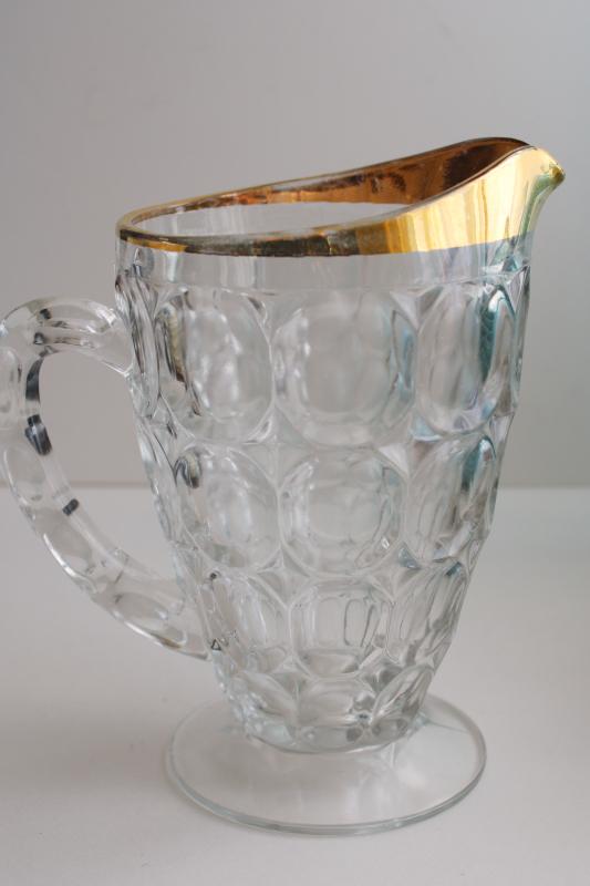 photo of antique 1880s EAPG barreled thumbprint pattern glass pitcher w/ original gold  #3