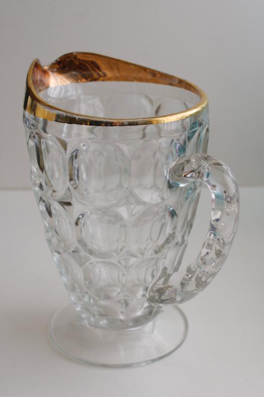 photo of antique 1880s EAPG barreled thumbprint pattern glass pitcher w/ original gold  #6