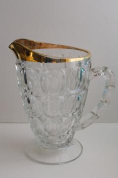 catalog photo of antique 1880s EAPG barreled thumbprint pattern glass pitcher w/ original gold 