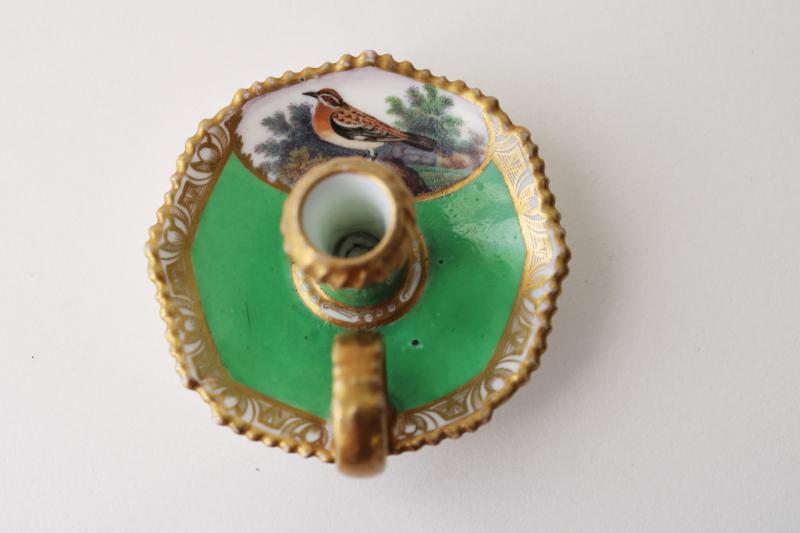 photo of antique 1880s Spode china miniature candle stick, hand painted Whinchat bird  #1