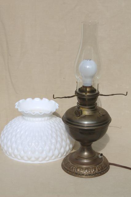 photo of antique 1880s vintage brass oil lamp, electricfied light w/ milk glass shade #6