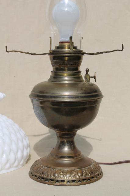 photo of antique 1880s vintage brass oil lamp, electricfied light w/ milk glass shade #7