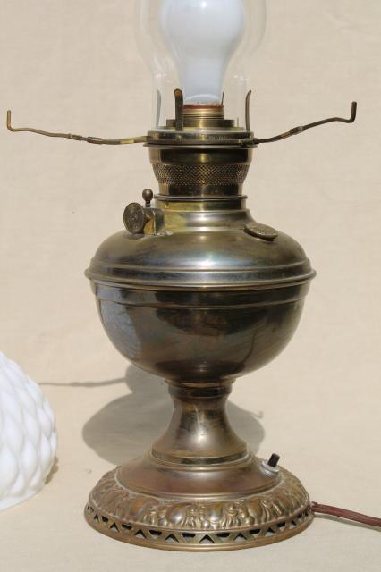 photo of antique 1880s vintage brass oil lamp, electricfied light w/ milk glass shade #8