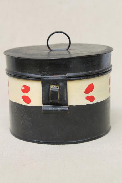 photo of antique 1880s vintage metal box tea caddy, tole painted round tea tin #1