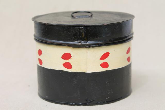 photo of antique 1880s vintage metal box tea caddy, tole painted round tea tin #4