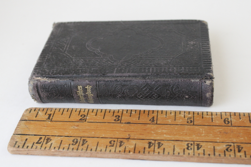 photo of antique 1890 German Lutheran hymnal, small worn religious book w/ ornate black cover, vintage Bible  #1
