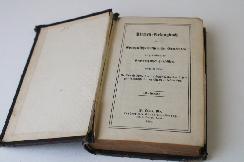 photo of antique 1890 German Lutheran hymnal, small worn religious book w/ ornate black cover, vintage Bible  #3