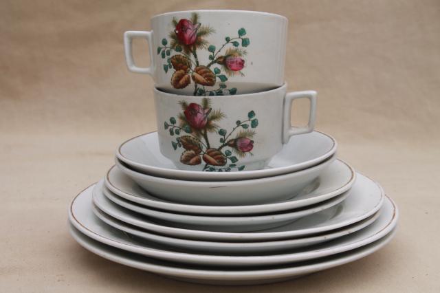 photo of antique 1890s Meakin moss rose ironstone china - plates, cups & deep saucers #3