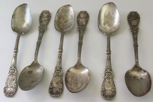 photo of antique 1890s silver plate spoons, gilded age gothic ornate Tuxedo pattern Rogers & Bro #1