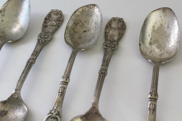 photo of antique 1890s silver plate spoons, gilded age gothic ornate Tuxedo pattern Rogers & Bro #3