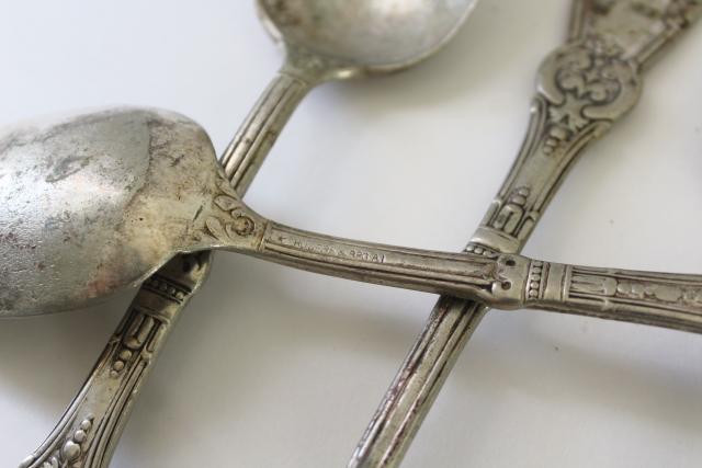 photo of antique 1890s silver plate spoons, gilded age gothic ornate Tuxedo pattern Rogers & Bro #4