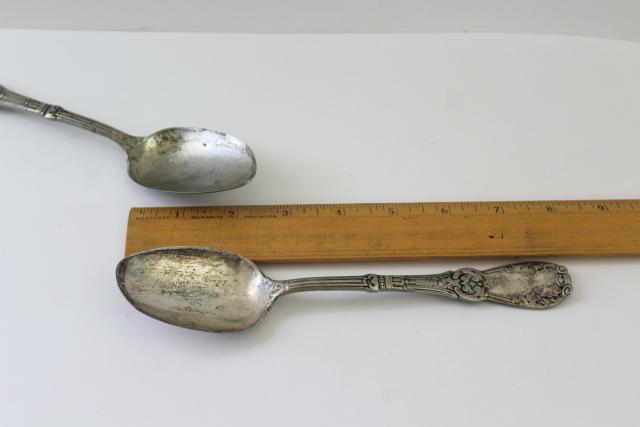 photo of antique 1890s silver plate spoons, gilded age gothic ornate Tuxedo pattern Rogers & Bro #6