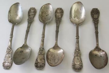 catalog photo of antique 1890s silver plate spoons, gilded age gothic ornate Tuxedo pattern Rogers & Bro