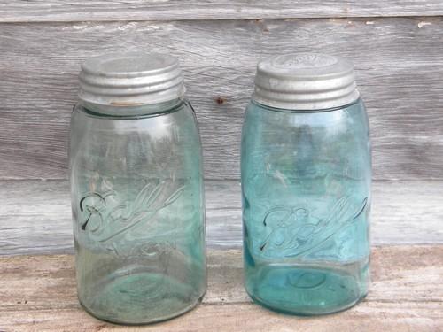 photo of antique 1900 vintage 1 quart blue glass Ball Mason jars, wrinkled glass #1