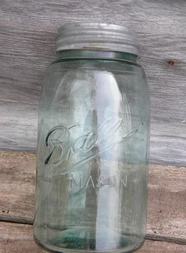 photo of antique 1900 vintage 1 quart blue glass Ball Mason jars, wrinkled glass #2