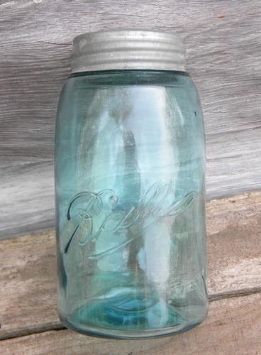 photo of antique 1900 vintage 1 quart blue glass Ball Mason jars, wrinkled glass #3