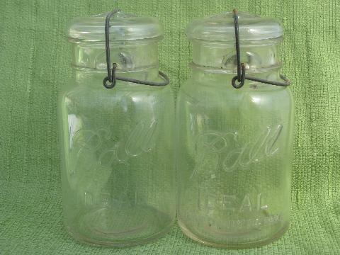 photo of antique 1908 Ball mason canning jars, glass lightning lids w/ wire bails #1