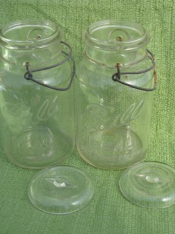 photo of antique 1908 Ball mason canning jars, glass lightning lids w/ wire bails #3