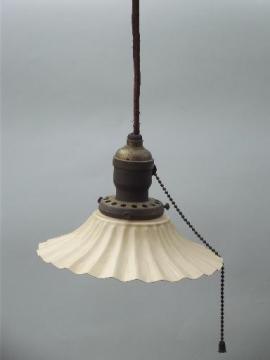 catalog photo of antique 1910 ceiling fixture pendant light, crimped fluted toleware shade