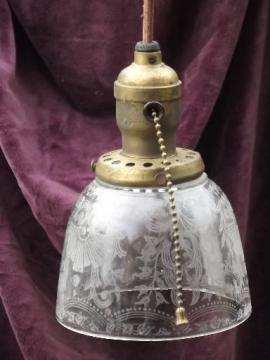 catalog photo of antique 1910 ceiling fixture pendant light, original etched glass shade