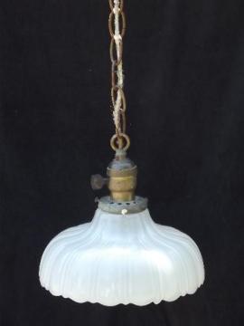 catalog photo of antique 1910 vintage ceiling fixture pendant light, white glass shade