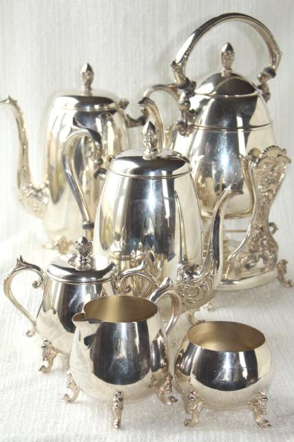 photo of antique 1920s vintage silver plate over copper tea set w/ tilt kettle, coffee pot #1